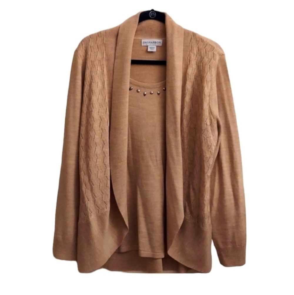 SAG HARBOR Open Cardigan Tan Knit Sweater with Attached Beaded Tank Top sz M